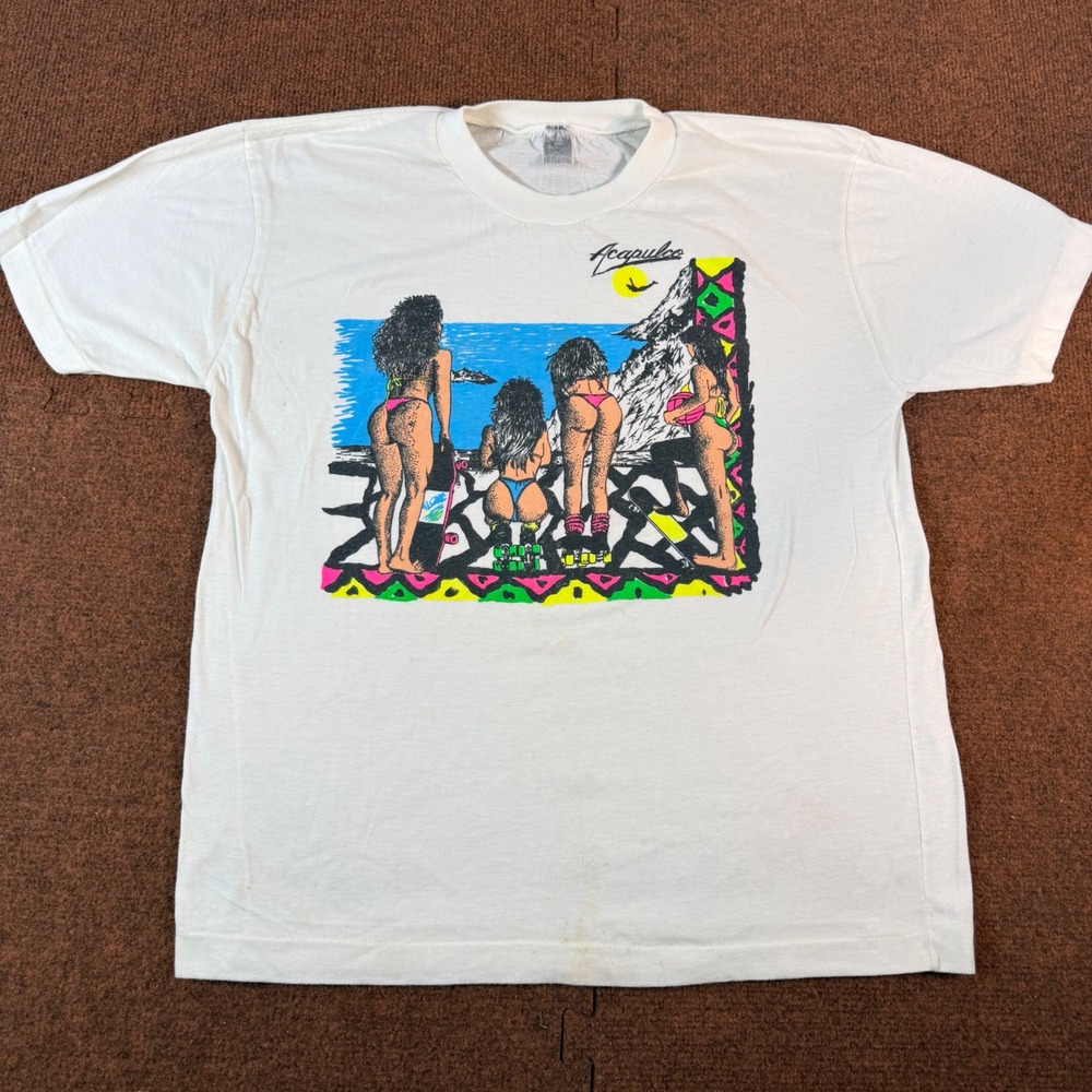 Cali Vintage Acapulco Beach Graphic T-Shirt White Neon 80s Skate Surf Mens Large